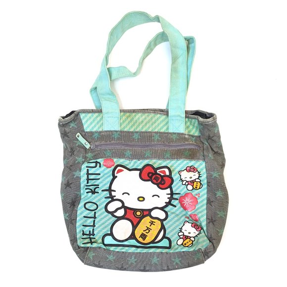 Hello Kitty Sanrio Maneki-Neko Lucky Cat Cute Large Canvas Tote w/ Clutch Wallet - Picture 6 of 7